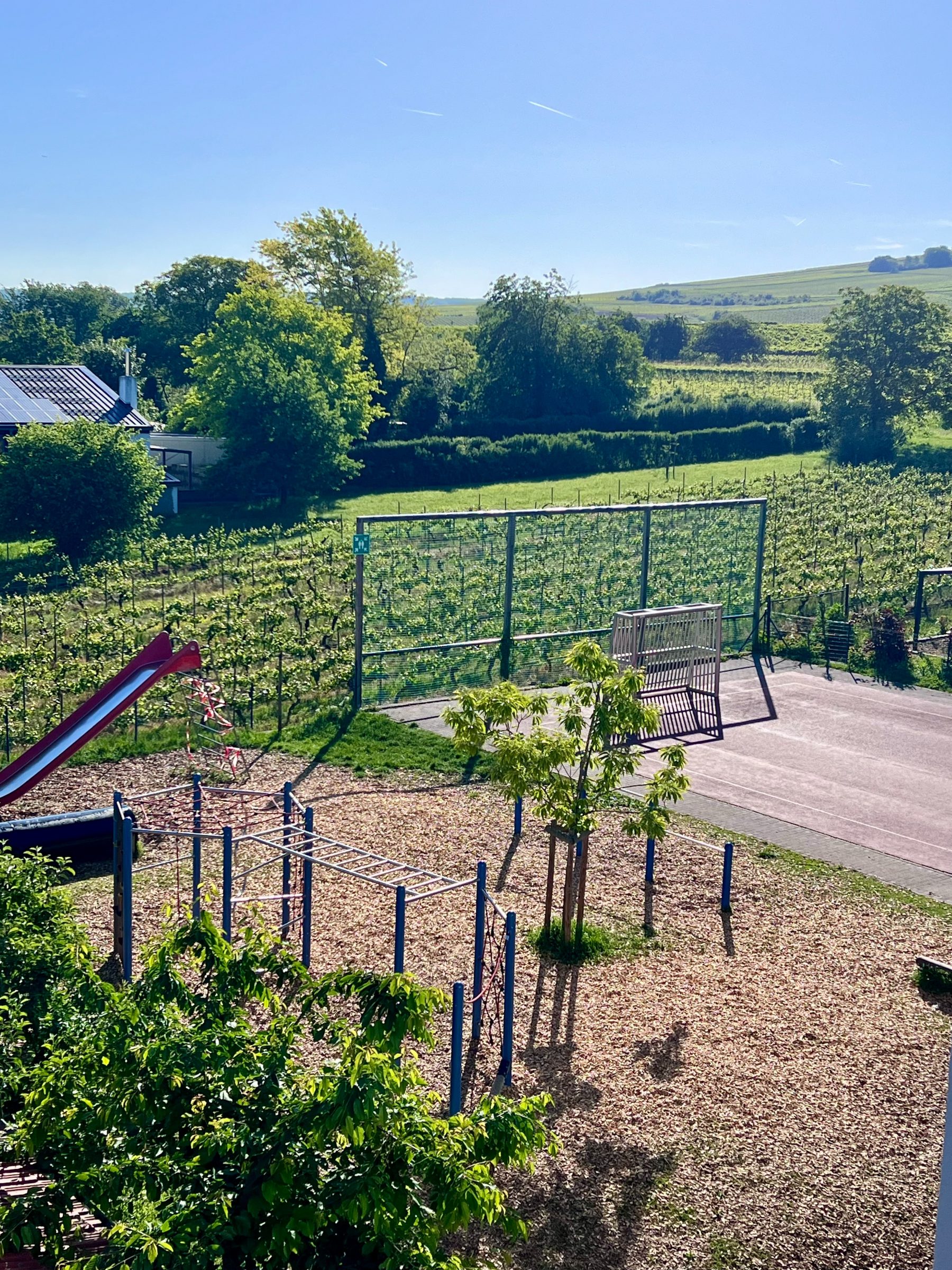 Blick vom Schulhof in die Weinberge rund um Ockenheim &mdash; Kletterger&uuml;st, Schaukel und Bolzplatz im Vordergrund